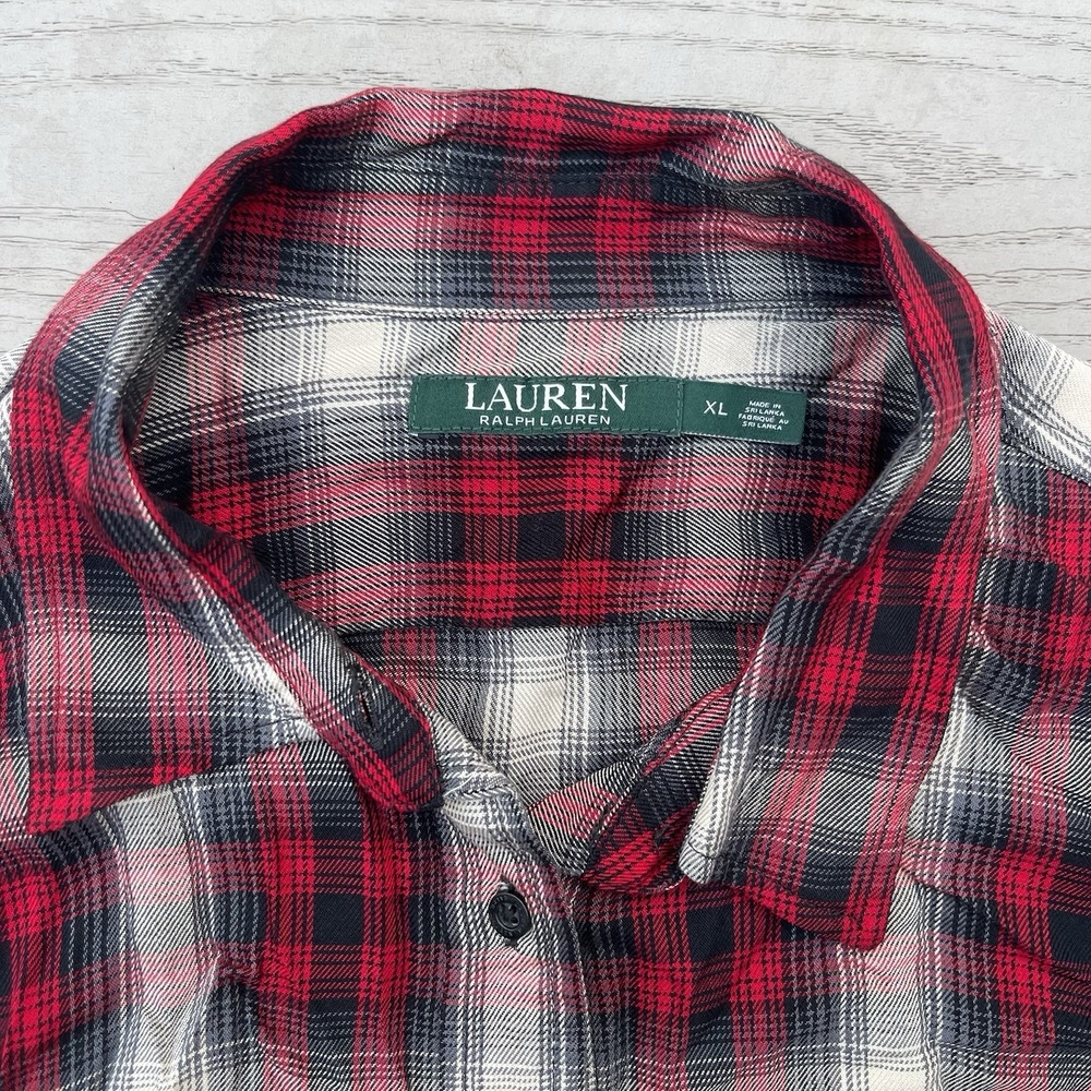 Lauren Ralph Lauren Womens XL Flannel Shirt Viscose Long Sleeve Red Pockets